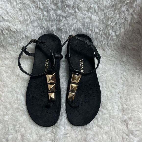 Vionic .toe post black ankle strap sandals geometric gold studs accent SZ8 - Picture 3 of 7